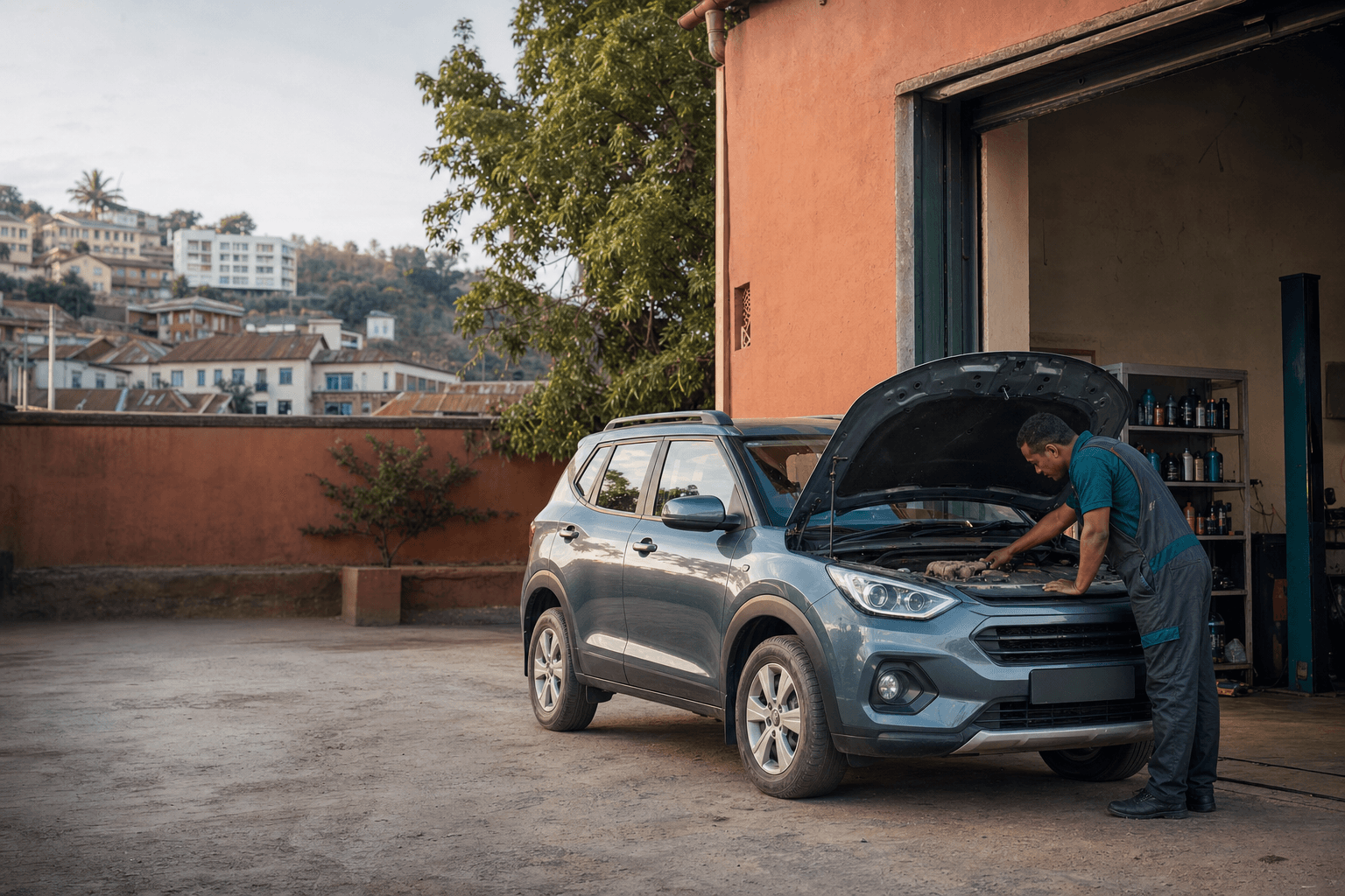 Un professionnel automobile inspecte un véhicule dans un garage à Antananarivo